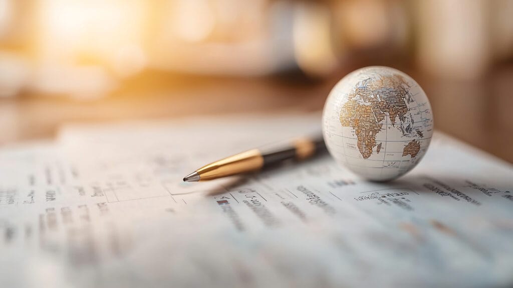 Ein kleiner Globus und ein schwarz-goldener Stift liegen auf einem Blatt Papier mit gedrucktem Text, mit einem unscharfen, sonnenbeschienenen Hintergrund.