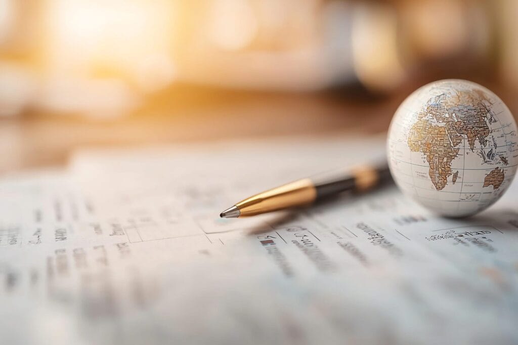 A small globe and a black-and-gold pen rest on top of a sheet of paper with printed text, with a blurred, sunlit background.