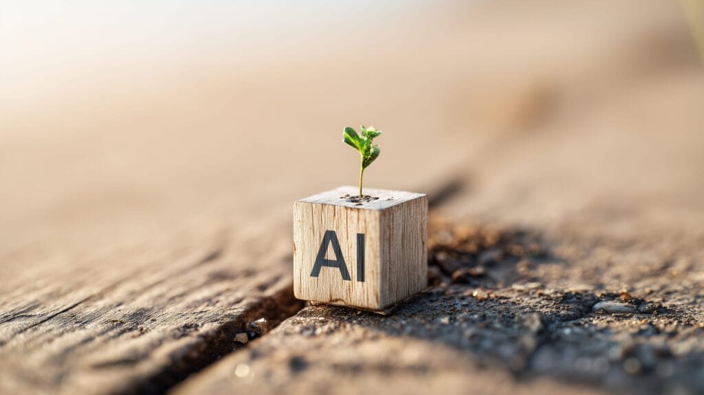 Младо растение, поникващо от AI блок